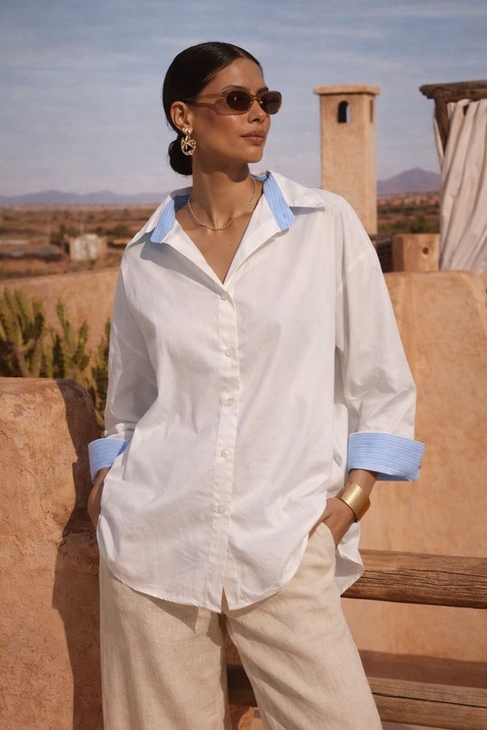 Chemise Western à Manches Longues – Imprimé Bleu et Blanc