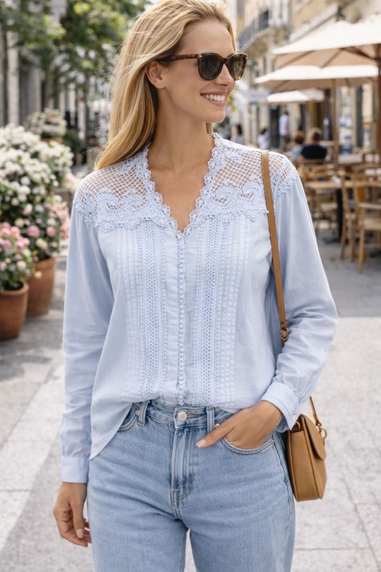 Chemise Femme Vintage Western Fashions – Bleu Nacré Manches Longues – Broderie 15,5 -34