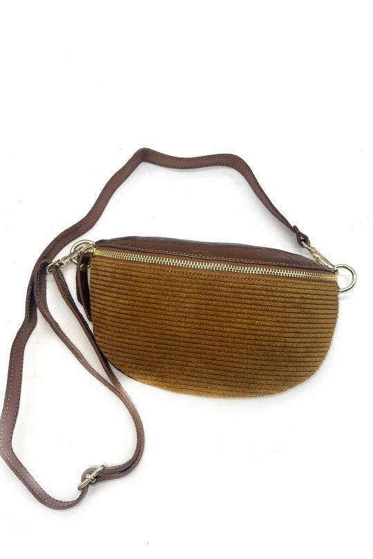 Fanny pack Bags Camel LINETA SAC BANANE BI-MATIÈRE NOIR CUIR– FABRICATION ITALIENNE AVEC RAYURE Efashion Paris
