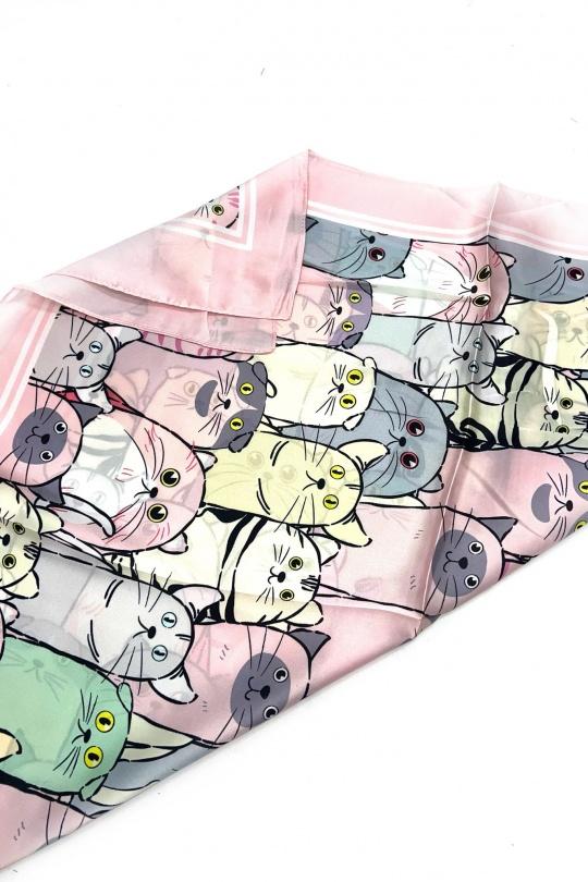 Foulards Accessoires Rose LINETA CHAT MULTICOLORE1 FOULARD TOUCHE SOIE 70X70 MOTIF CHAT   Efashion Paris