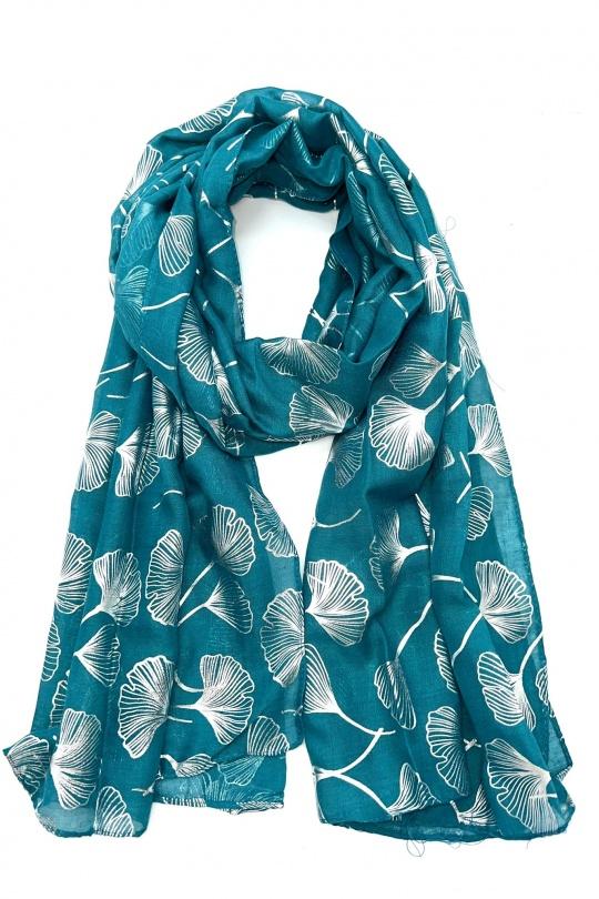 Foulards Accessoires Tuquoise LINETA B-20 FOULARD LUREX MOTIF GINGKO Efashion Paris