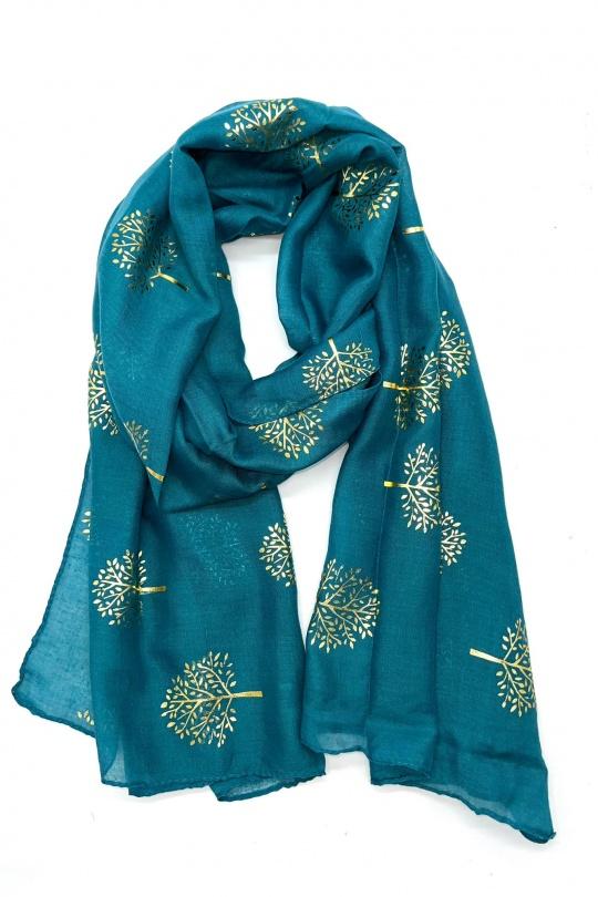 Foulards Accessoires Tuquoise LINETA B-21 FOULARD LUREX OR MOTIF ARBRE DE VIE  Efashion Paris
