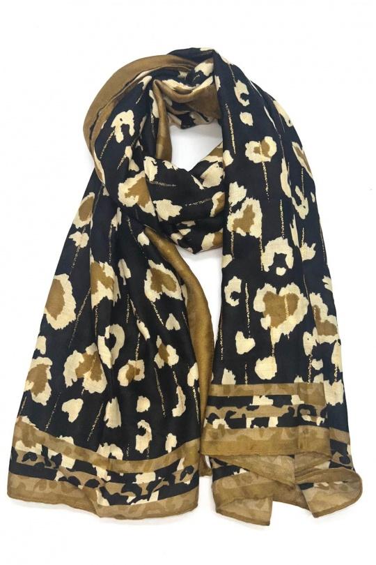 Foulards Accessoires Noir LINETA HH-314 FOULARD IMPRIMÉ MOTIF LEOPARD AVEC DORURE  Efashion Paris