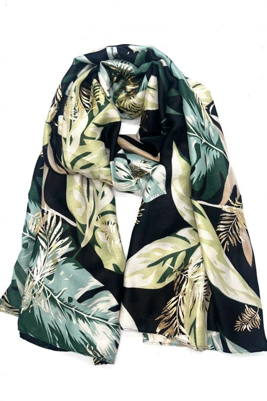 Foulards Accessoires Vert LINETA HH-327 FOULARD IMPRIMÉ MOTIF FEUILLE AVEC DORURE  Efashion Paris