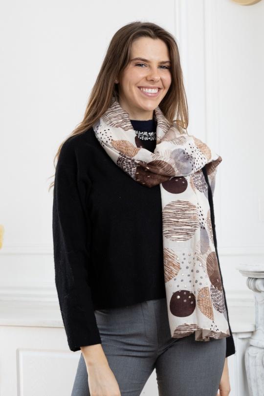Foulards Accessoires Beige LINETA HH-278 FOULARD IMPRIMÉ MOTIF ROND AVEC DORURE    Efashion Paris