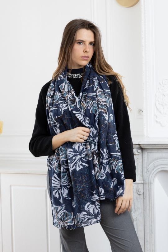 Foulards Accessoires Bleu LINETA HH-325 FOULARD IMPRIMÉ MOTIF FLEURI AVEC DORURE  Efashion Paris