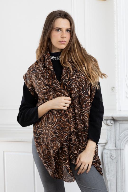 Foulards Accessoires Marron LINETA HH-279 FOULARD IMPRIMÉ MOTIF SPIRAL AVEC DORURE Efashion Paris