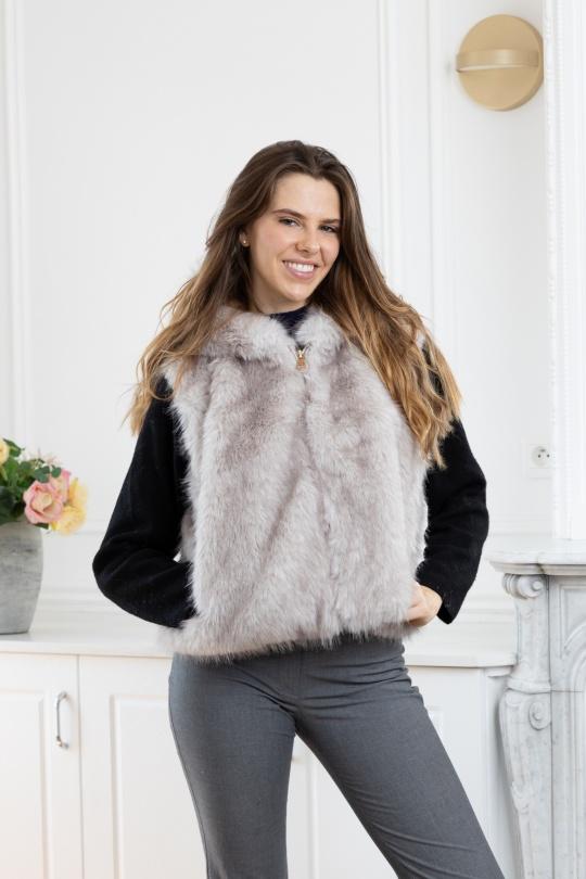 Vestes  Femme Café LINETA F-3 VESTE SANS MANCHE EN FAUSSE FOURRURE BICOLORE AVEC CAPUCHE Efashion Paris