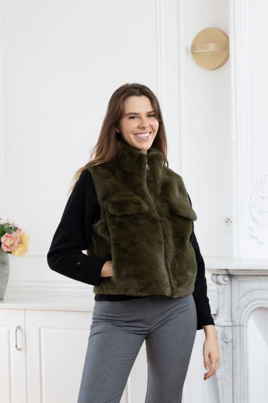 Vestes  Femme Noir LINETA F-4 VESTE SANS MANCHE EN FAUSSE FOURRURE AVEC FERMETURE ECLAIR  Efashion Paris