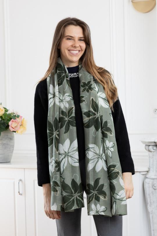 Foulards Accessories Green LINETA HH-331 FOULARD IMPRIMÉ MOTIF FLEUR AVEC DORURE  Efashion Paris