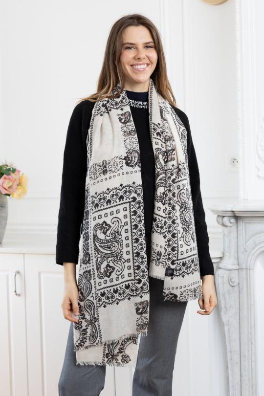 Foulards Accessories Cream LINETA HH-297 FOULARD ÉPAIS IMPRIMÉ MOTIF CACHEMIRE Efashion Paris