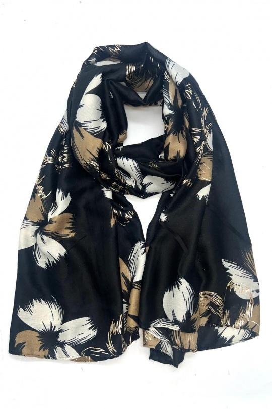 Foulards Accessoires Noir LINETA HH-329 FOULARD IMPRIMÉ MOTIF FLEUR AVEC DORURE  Efashion Paris
