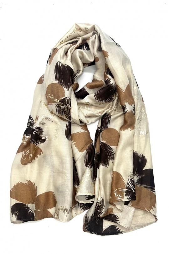 Foulards Accessories Beige LINETA HH-329 FOULARD IMPRIMÉ MOTIF FLEUR AVEC DORURE  Efashion Paris