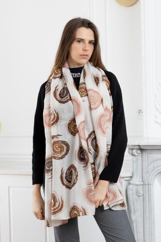 Foulards Accessories Beige LINETA HH-332 FOULARD IMPRIMÉ MOTIF SPIRAL AVEC DORURE  Efashion Paris