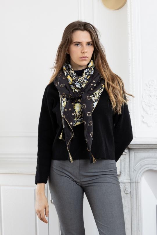 Foulards Accessories Black LINETA GC-13 FOULARD GRAND CARRÉ PATCHWORK AVEC POMPON  Efashion Paris
