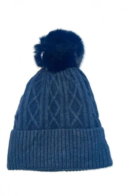 Beanies Accessories Blue LINETA BX-23 BONNET MIXTE EFFET TRICOT A PAILLETTE ET POMPOM AVEC DOUBLURE Efashion Paris