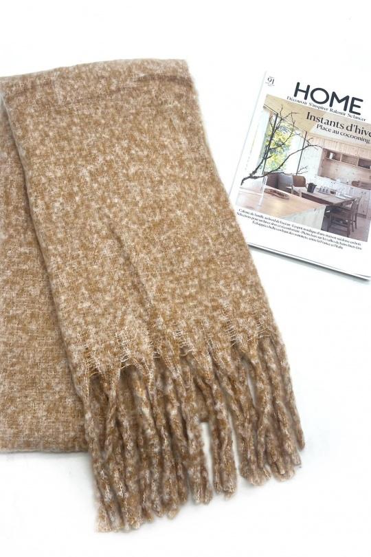 Écharpes Accessoires Camel LINETA HH-338 ECHARPE ULTRA DOUCE UNI MOUCHETÉ AVEC GROSSE FRANGE  Efashion Paris