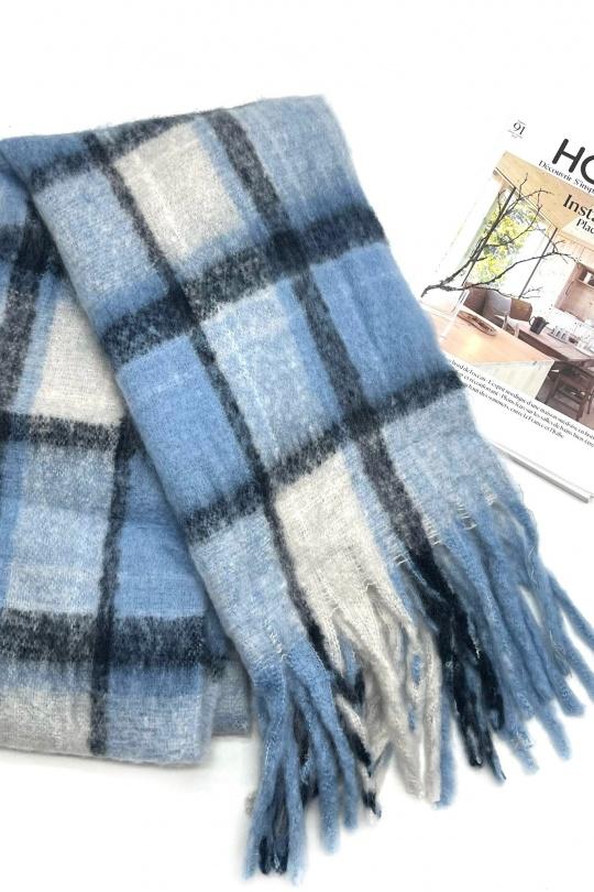Écharpes Accessoires Bleu LINETA HH-337 ECHARPE ULTRA DOUCE MOTIF CARREAUX AVEC GROSSE FRANGE  Efashion Paris