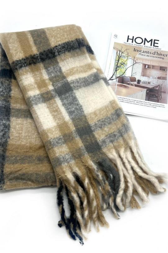 Écharpes Accessoires Beige LINETA HH-337 ECHARPE ULTRA DOUCE MOTIF CARREAUX AVEC GROSSE FRANGE  Efashion Paris