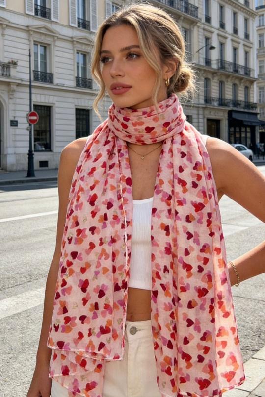 Foulards Accessoires Rouge LINETA LN-105 Foulard imprimé motif coeur avec dorure Efashion Paris