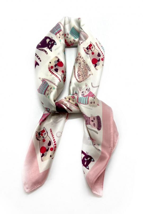 Foulards Accessoires Rose Clair LINETA D-502 FOULARD TOUCHE SOIE 70X70 MOTIF CHAT  Efashion Paris