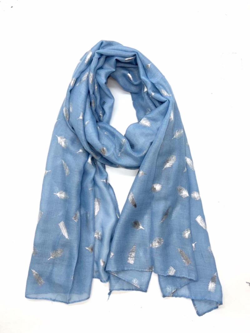 Foulards Accessoires Bleu ciel LINETA B-14 FOULARD AVEC DORURE PLUME #c Efashion Paris