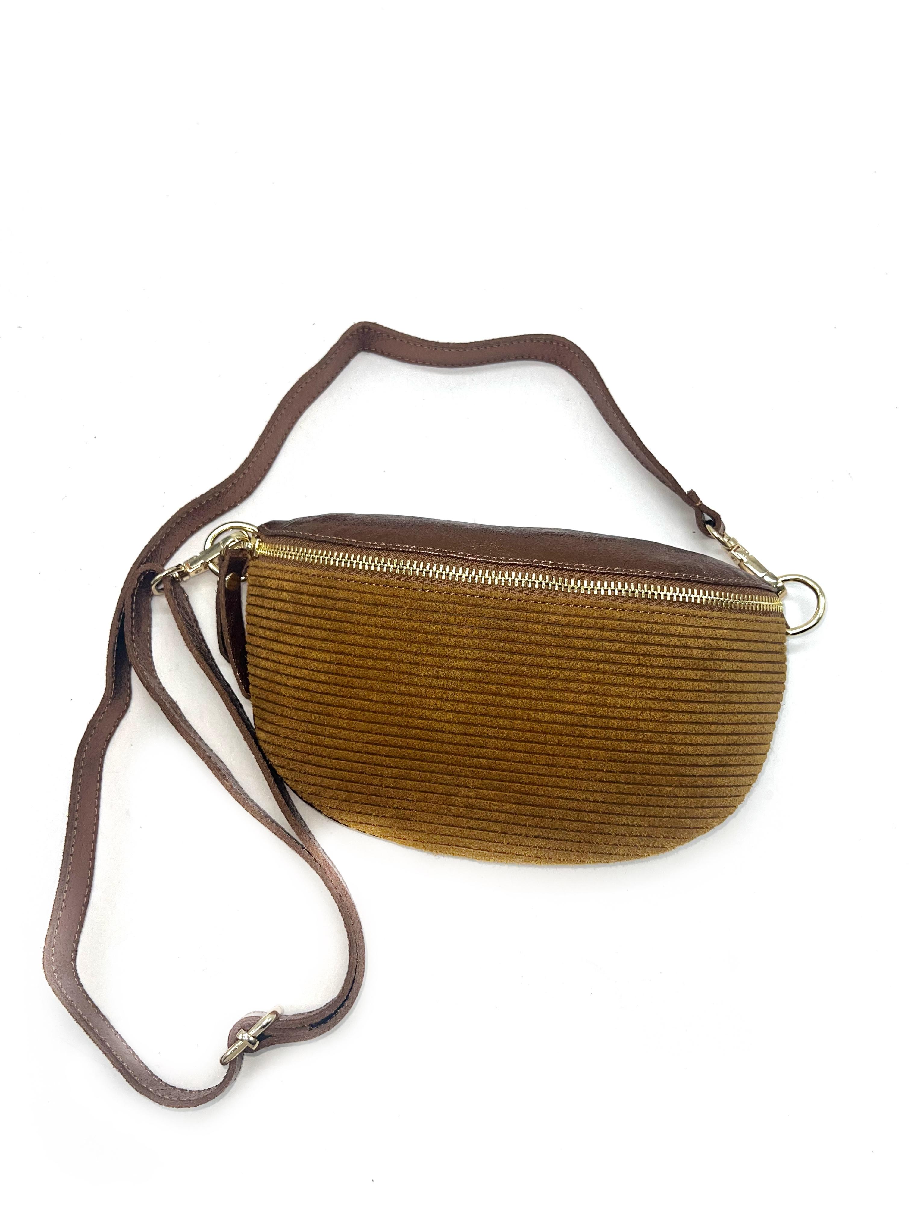 Fanny pack Bags Camel LINETA SAC BANANE BI-MATIÈRE NOIR CUIR– FABRICATION ITALIENNE AVEC RAYURE #c Efashion Paris