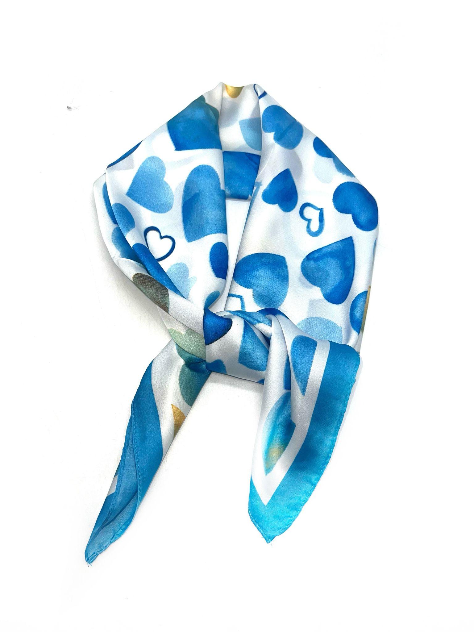 Foulards Accessoires Bleu LINETA D-167 FOULARD TOUCHE SOIE 70X70 MOTIF COEUR  #c Efashion Paris