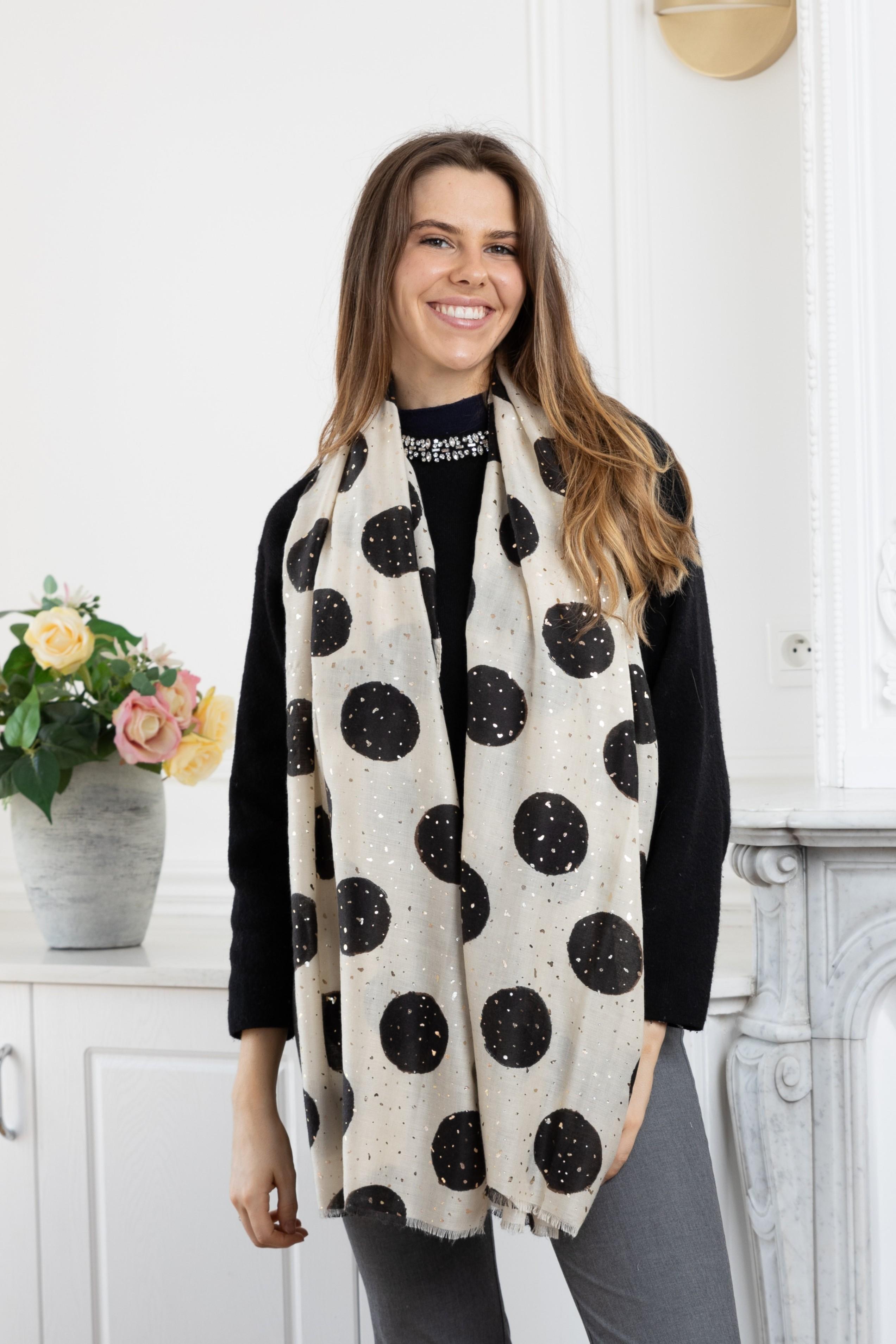 HH-232 FOULARD IMPRIMÉ MOTIF PETIT POIS AVEC DORURE -ECRU