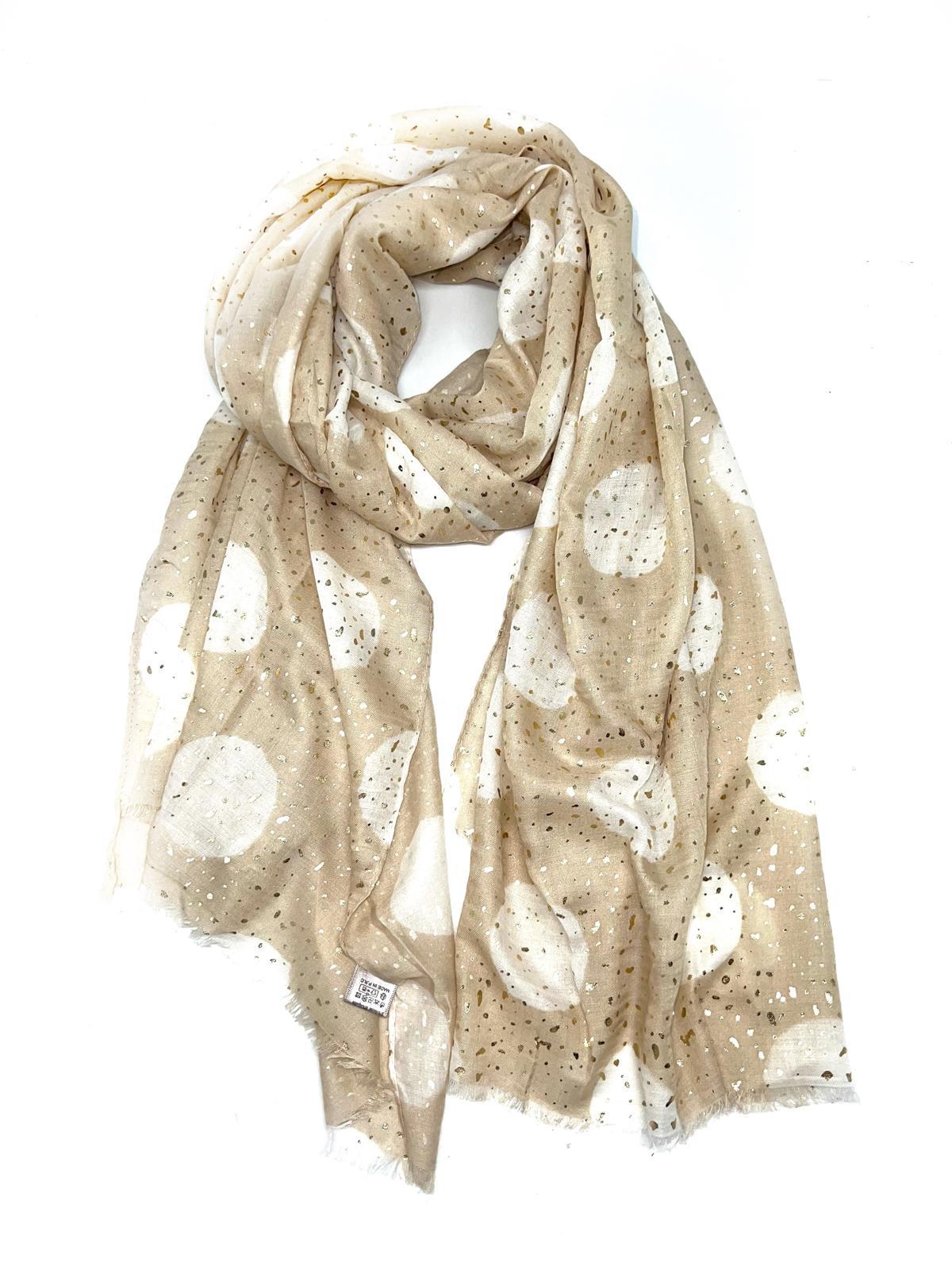 HH-232 FOULARD IMPRIMÉ MOTIF PETIT POIS AVEC DORURE -BEIGE