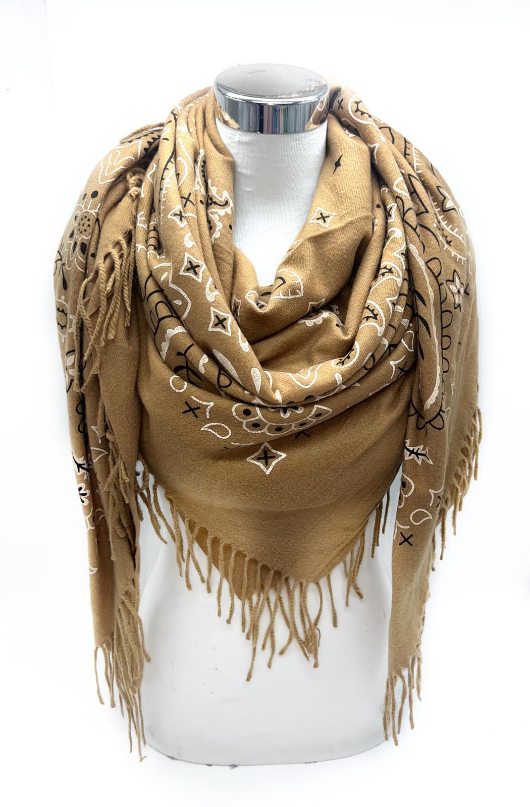 K8 ECHARPE GRAND CARRÉ MOTIF BANDANA AVEC LONGUE FRANGE -BRUN