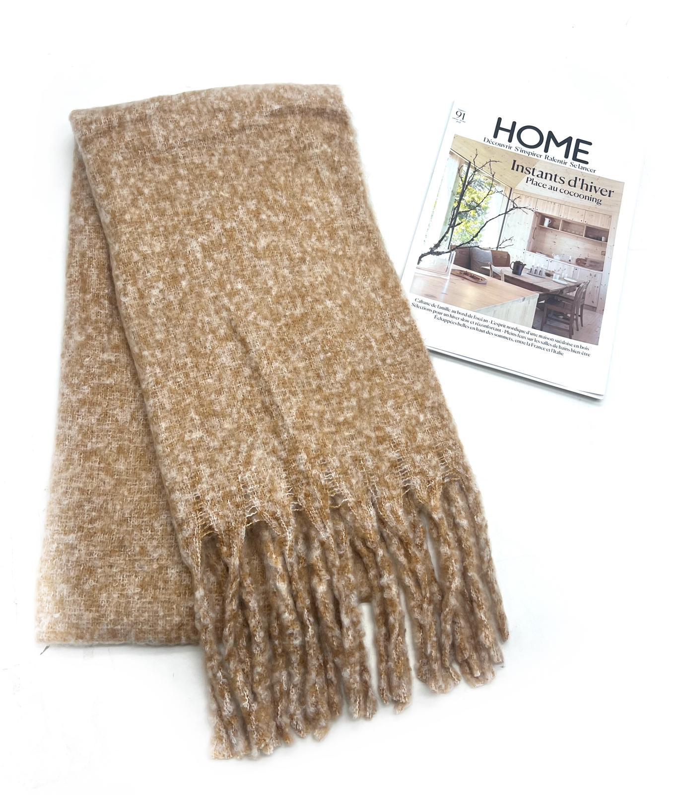 HH-338 ECHARPE ULTRA DOUCE UNI MOUCHETÉ AVEC GROSSE FRANGE -CAMEL