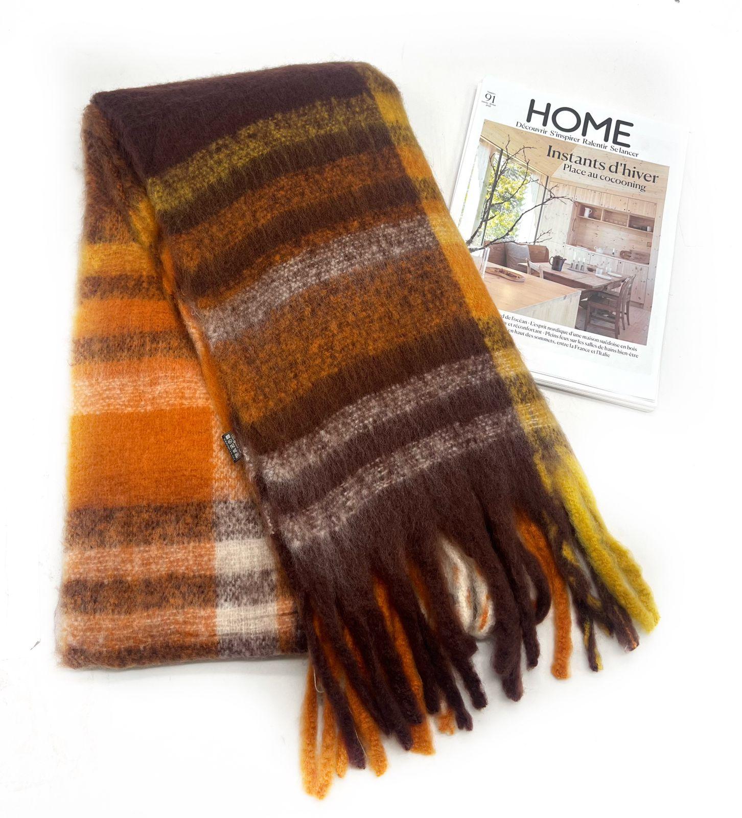 HH-337 ECHARPE ULTRA DOUCE MOTIF CARREAUX AVEC GROSSE FRANGE -BRUN