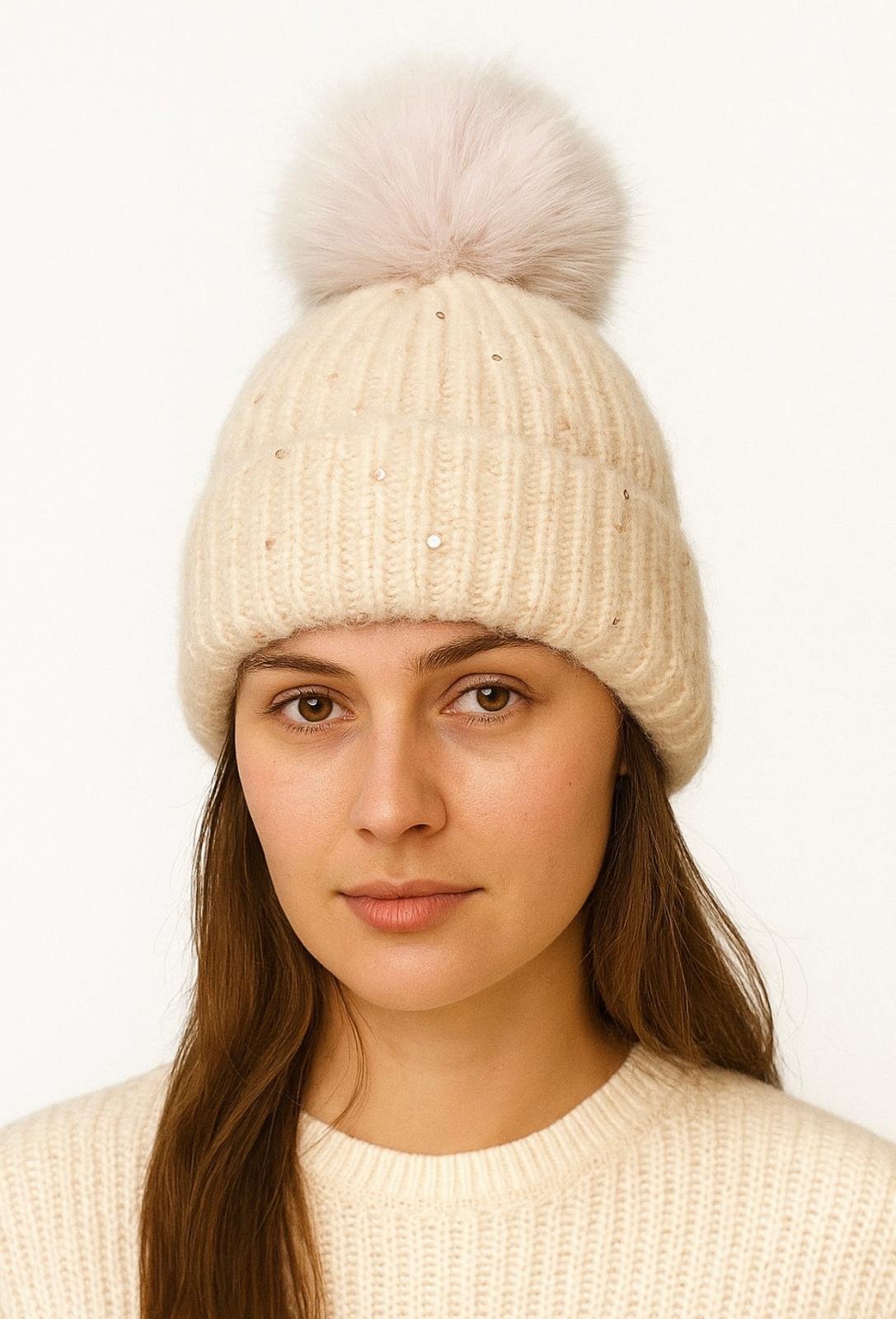 BX-30 BONNET UNI À POMPON ET PAILLETTE AVEC DOUBLURE -ROSE