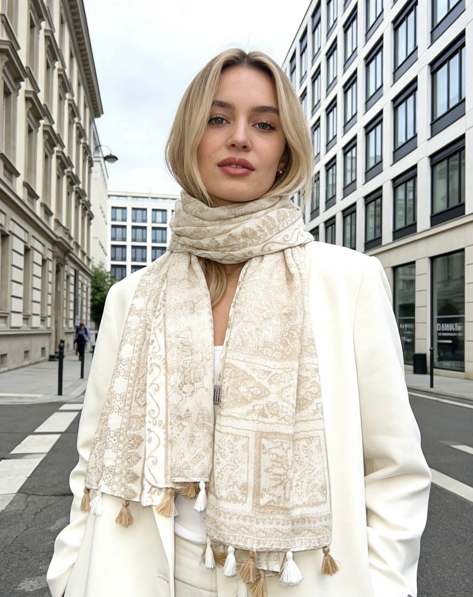 Fulares Complementos Black LINETA LN-106 FOULARD IMPRIMÉ MOTIF AVEC POMPON #c Efashion Paris