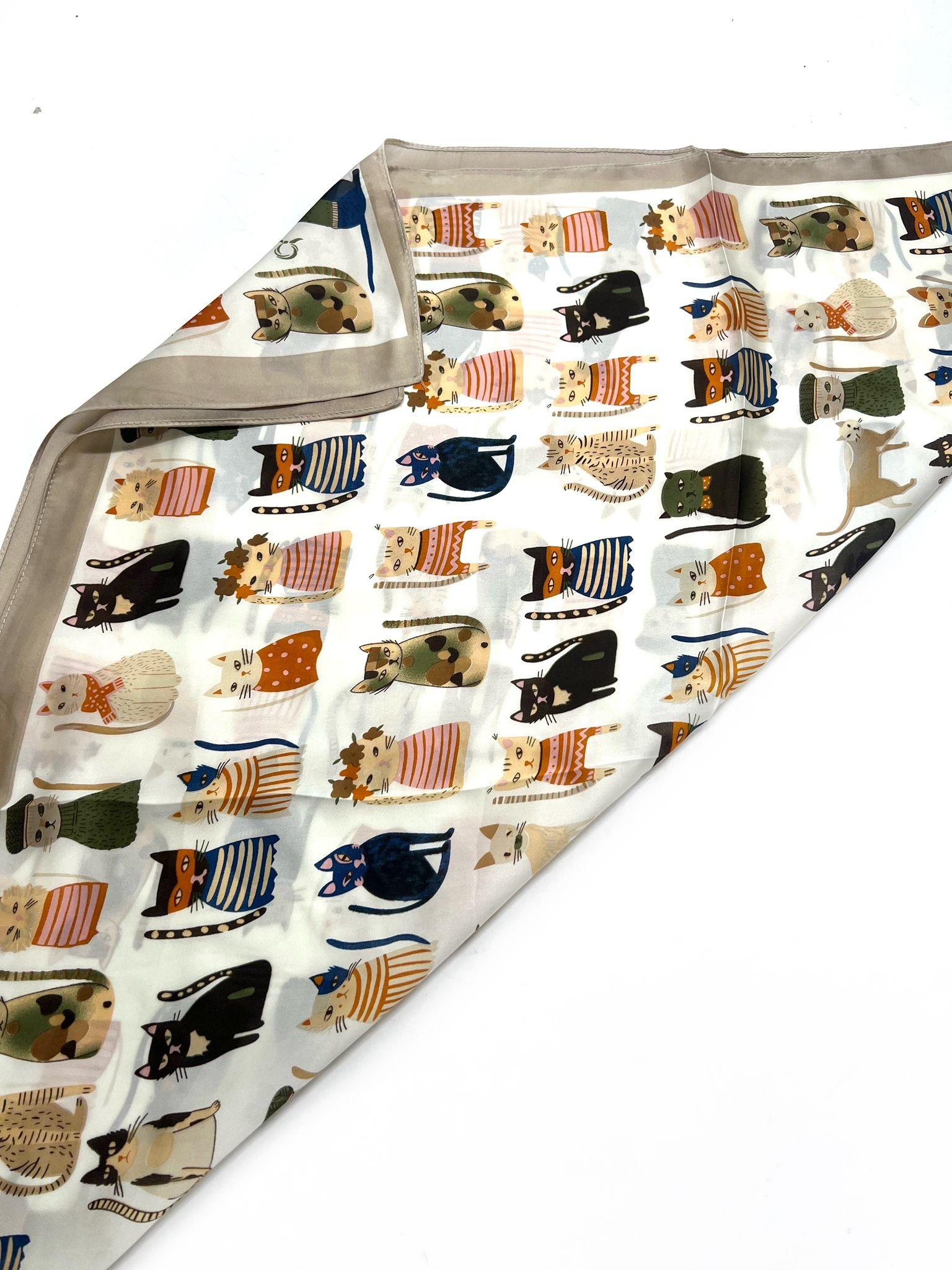 Foulards Accessoires Rose Clair LINETA D-502 FOULARD TOUCHE SOIE 70X70 MOTIF CHAT  #c Efashion Paris