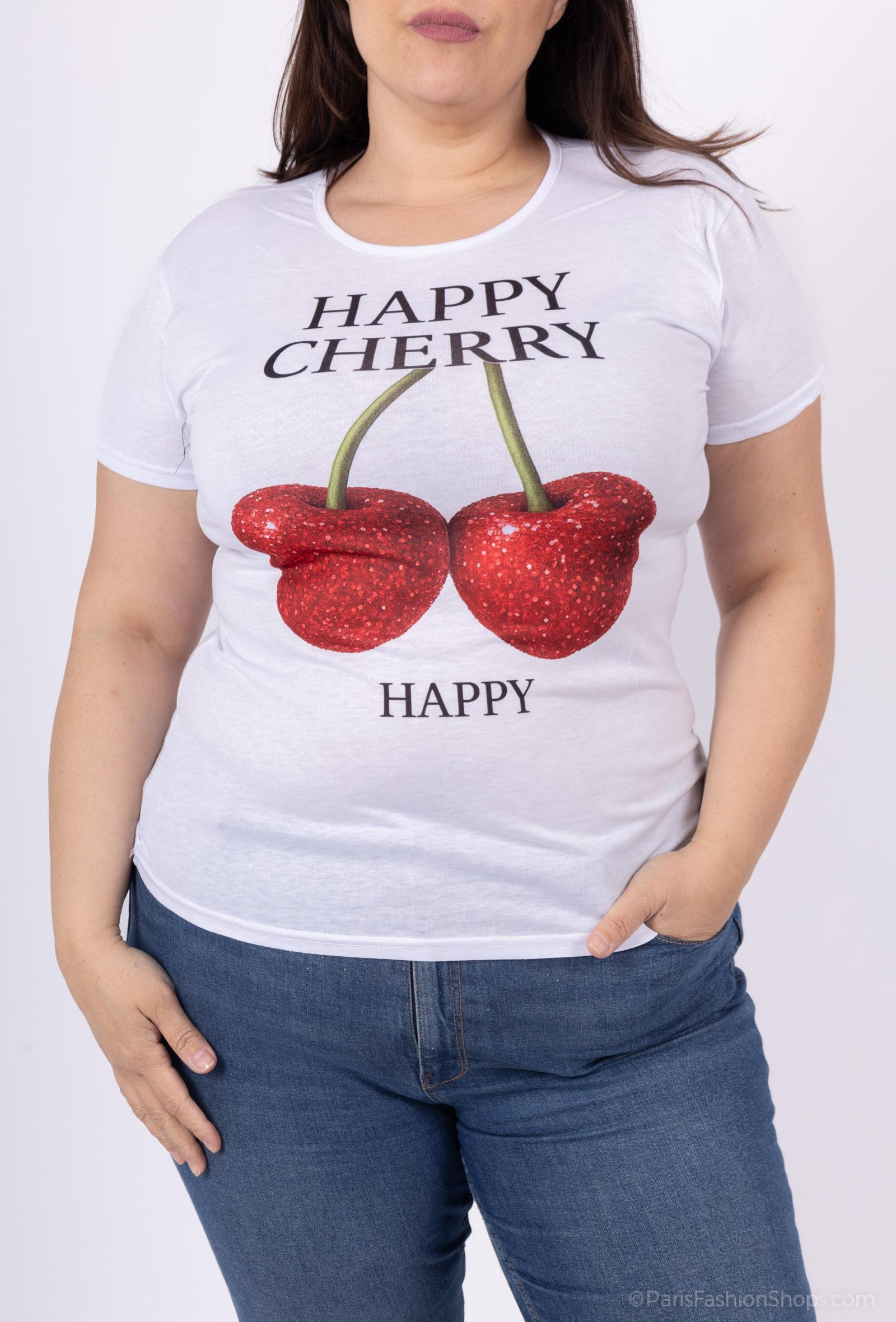 Camisetas Mujer White RZ FASHION TS188-HAPPY CHERRY #c Efashion Paris