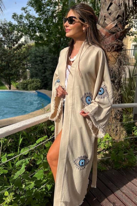 Cardigans Women Beige MAXMILA PARIS KIMONO OLVEN POUR LA PLAGE OU LA MAISON À MOTIFS BRODÉS Efashion Paris