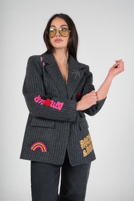 Jackets Women Khaki (Maxmila) VESTE FUNKY AMOUR ARTISTIQUE BLAZER POCHES PLAQUÉES Efashion Paris