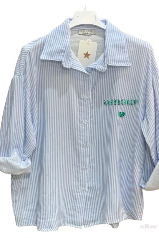 Chemise vert clair femme – Rayée avec cœurs brodés dorés