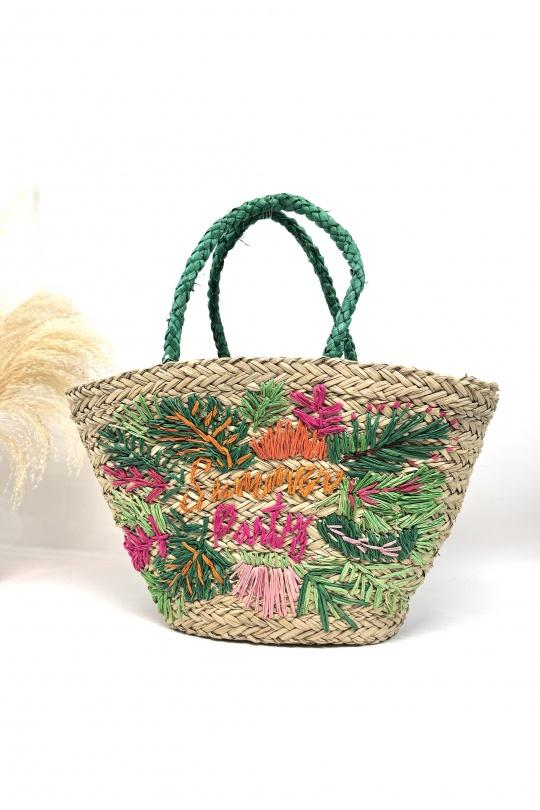 Cabas Maroquinerie Vert TOP DESIGN PANIER EN PAILLE DE PAPIER BRODERIES MULTICOLORES  SUMMER PARTY SC2609 Efashion Paris