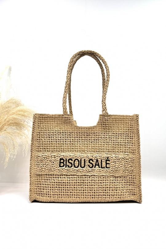 Cabas Maroquinerie Taupe TOP DESIGN SAC DE PLAGE EN PAILLE DE PAPIER BISOU SALÉ SC2601 Efashion Paris