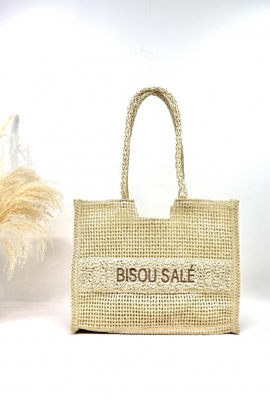 Cabas Maroquinerie Taupe TOP DESIGN SAC DE PLAGE EN PAILLE DE PAPIER BISOU SALÉ SC2601 Efashion Paris