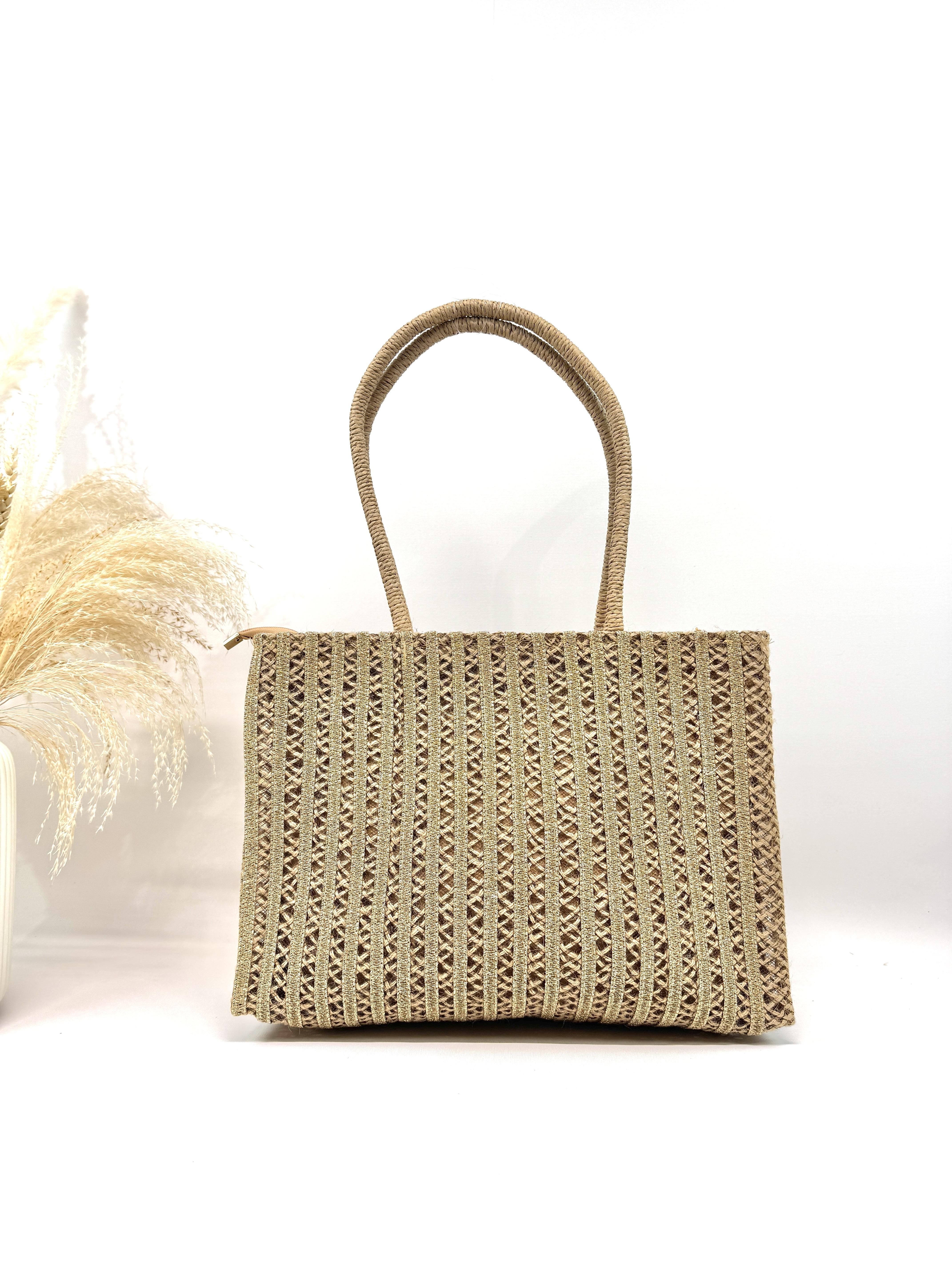 Cabas Maroquinerie Taupe TOP DESIGN SAC DE PLAGE EN PAILLE DE PAPIER SC2605 #c Efashion Paris