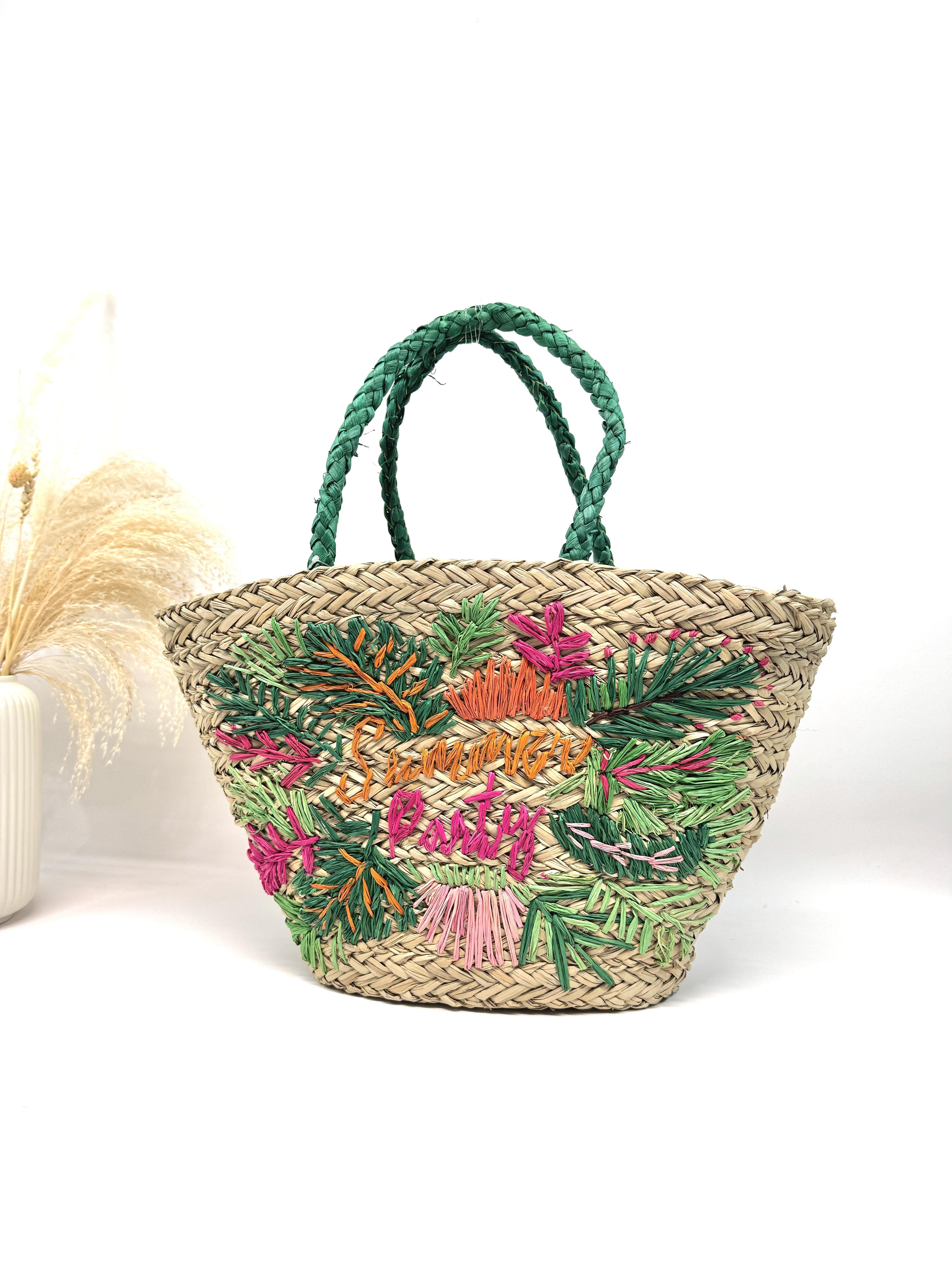 Cabas Maroquinerie Vert TOP DESIGN PANIER EN PAILLE DE PAPIER BRODERIES MULTICOLORES  SUMMER PARTY SC2609 #c Efashion Paris