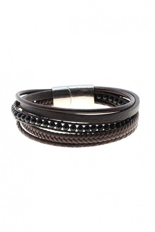 Bretelles Accessoires Marron LILY CONTI 3117-2 BRACELET-ACIER INOXYDABLE-HOMME-5 RANGS-PIERRES-CUIR-220MM Efashion Paris