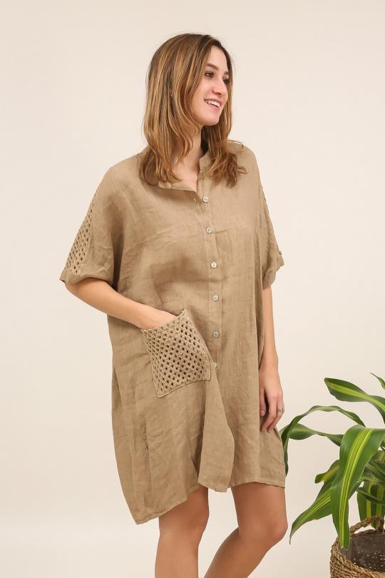 Chemises Femme Camel LA MAISON DES FIBRES NATURELLES 26353 TUNIQUE BOUTONÉE EN LIN Efashion Paris