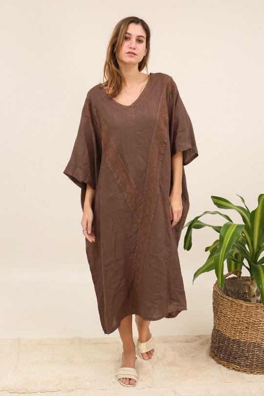 Robes longues Femme Camel LA MAISON DES FIBRES NATURELLES 26366 ROBE EN LIN BRODÉE Efashion Paris