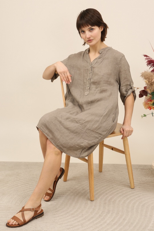 Robes mi-longues Femme Taupe LA MAISON DES FIBRES NATURELLES 71138 ROBE BOUTONNÉE EN LIN Efashion Paris