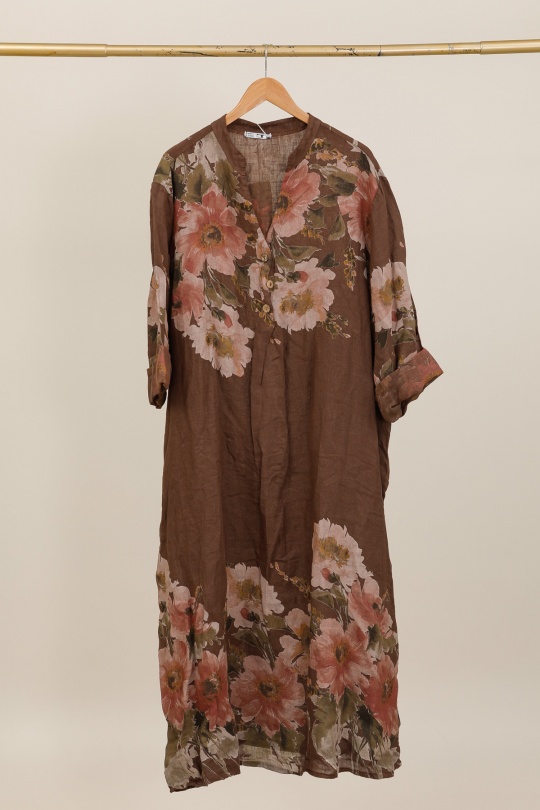 Robes longues Femme Taupe LA MAISON DES FIBRES NATURELLES 72230 ROBE EN LIN IMPRIMÉE Efashion Paris